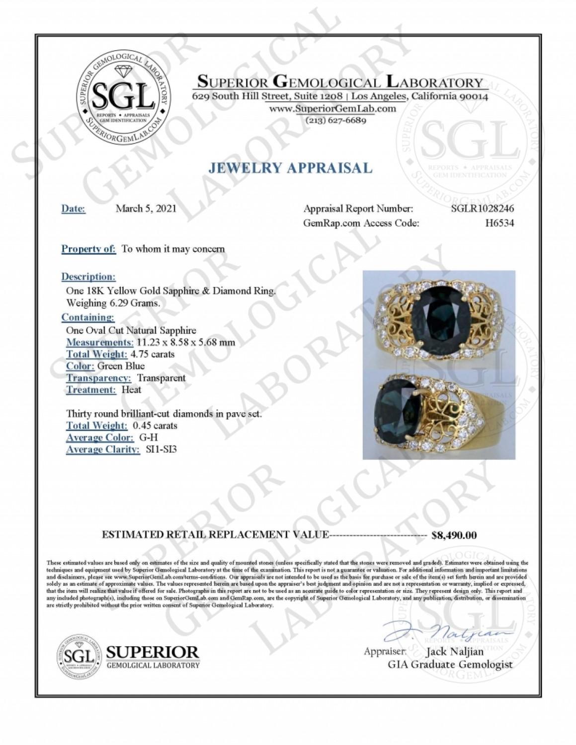 Bague en or 18 carats certifiée SGL 4,75 carats saphir bleu et diamant en vente 7