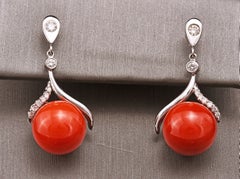 Certified Natural Red Coral & Diamond Drop Earrings in 18K White Gold