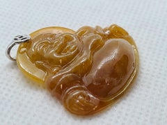 Natural Honey Brown Jade Milefo Laughing Buddha Pendant in 18K Gold with report