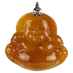 Natural Honey Brown Jade Milefo Laughing Buddha Pendant in 18K Gold with report