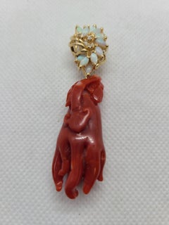 Natural Red Coral Buddha Hand Pendant with Lingzhi, Natural Opal, Diamond & 14K