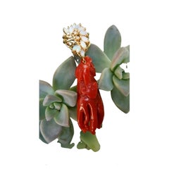 Natural Red Coral Buddha Hand Pendant with Lingzhi, Natural Opal, Diamond & 14K
