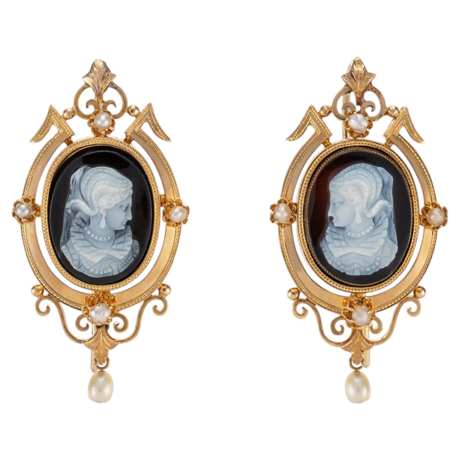 Victorian Style Gold Earrings with Agate Cameos and Pearls For Sale