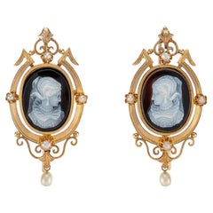 Victorian Style Gold Earrings with Agate Cameos and Pearls