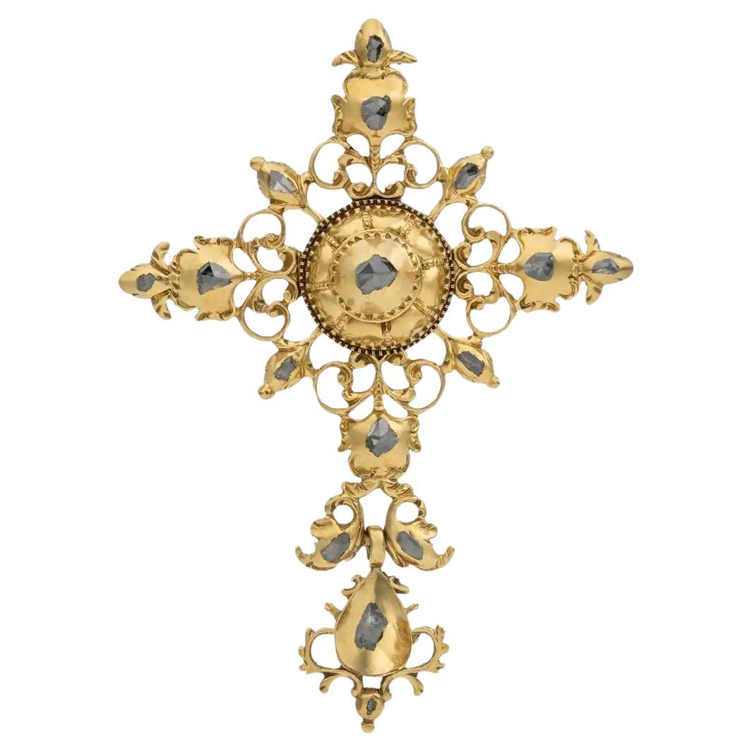 Antico ciondolo a croce barocco portoghese in oro e diamanti, XVII-XVIII secolo in vendita
