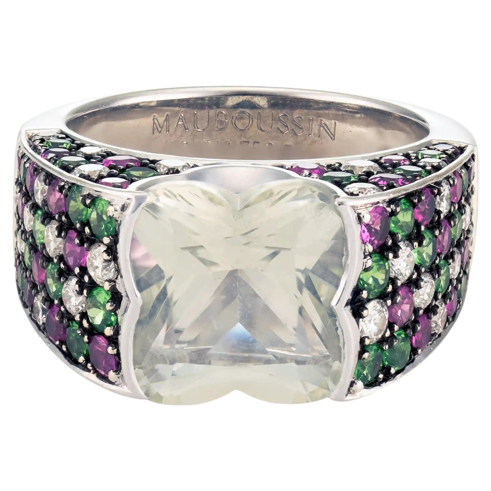 Mauboussin Cocktailring aus Aquamarin, Rubin, Smaragd, Diamant und Weißgold im Angebot