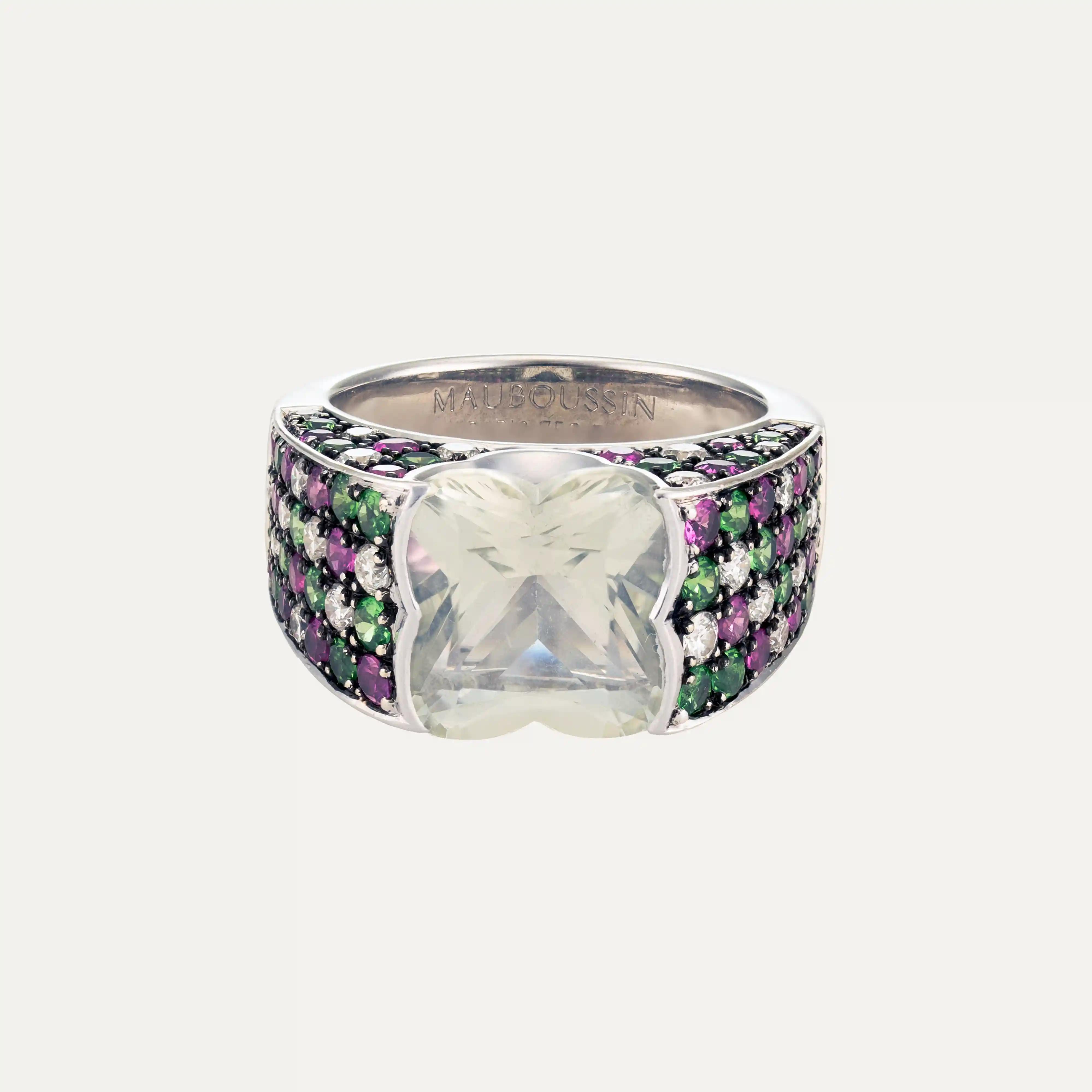 Mauboussin Cocktailring aus Aquamarin, Rubin, Smaragd, Diamant und Weißgold für Damen oder Herren im Angebot