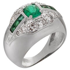 Art Deco Style Geometric Emerald Diamond White Gold Statement Ring