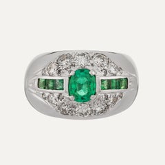 Art Deco Style Geometric Emerald Diamond White Gold Statement Ring