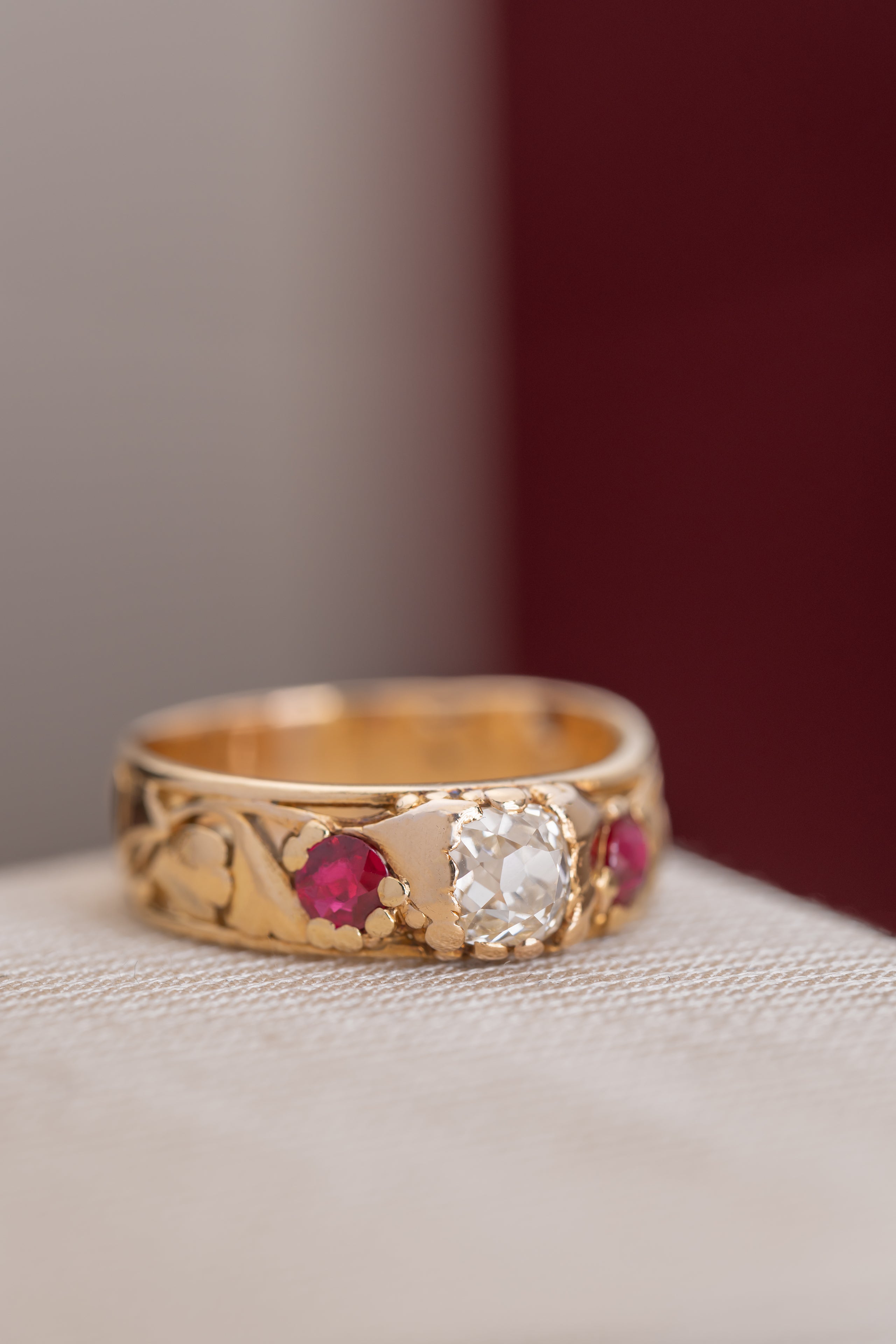 Alexandra Ruby Late Victorian 18 kt Yellow Gold Old Cut Diamond and Ruby Carved Ring ...