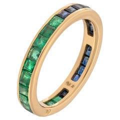 Modern Yellow Gold Square Cut Emerald Sapphire Eternity Ring