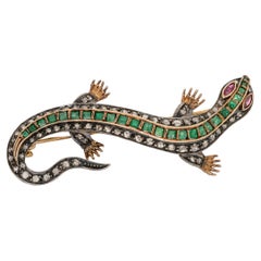 19th Century Antique Lizard Brooch in Gold and Silver with Emeralds
