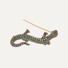 19th Century Antique Lizard Brooch in Gold and Silver with Emeralds
