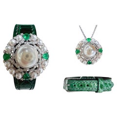 【Crown Radiance】Convertible Oasis South Sea Pearl Emerald Diamond Leather Jwl.