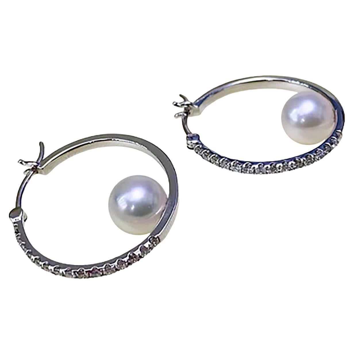 【Geometria scolpita】Arco di diamanti Aurora Perla Akoya Orecchini a cerchio per tutti i giorni in vendita