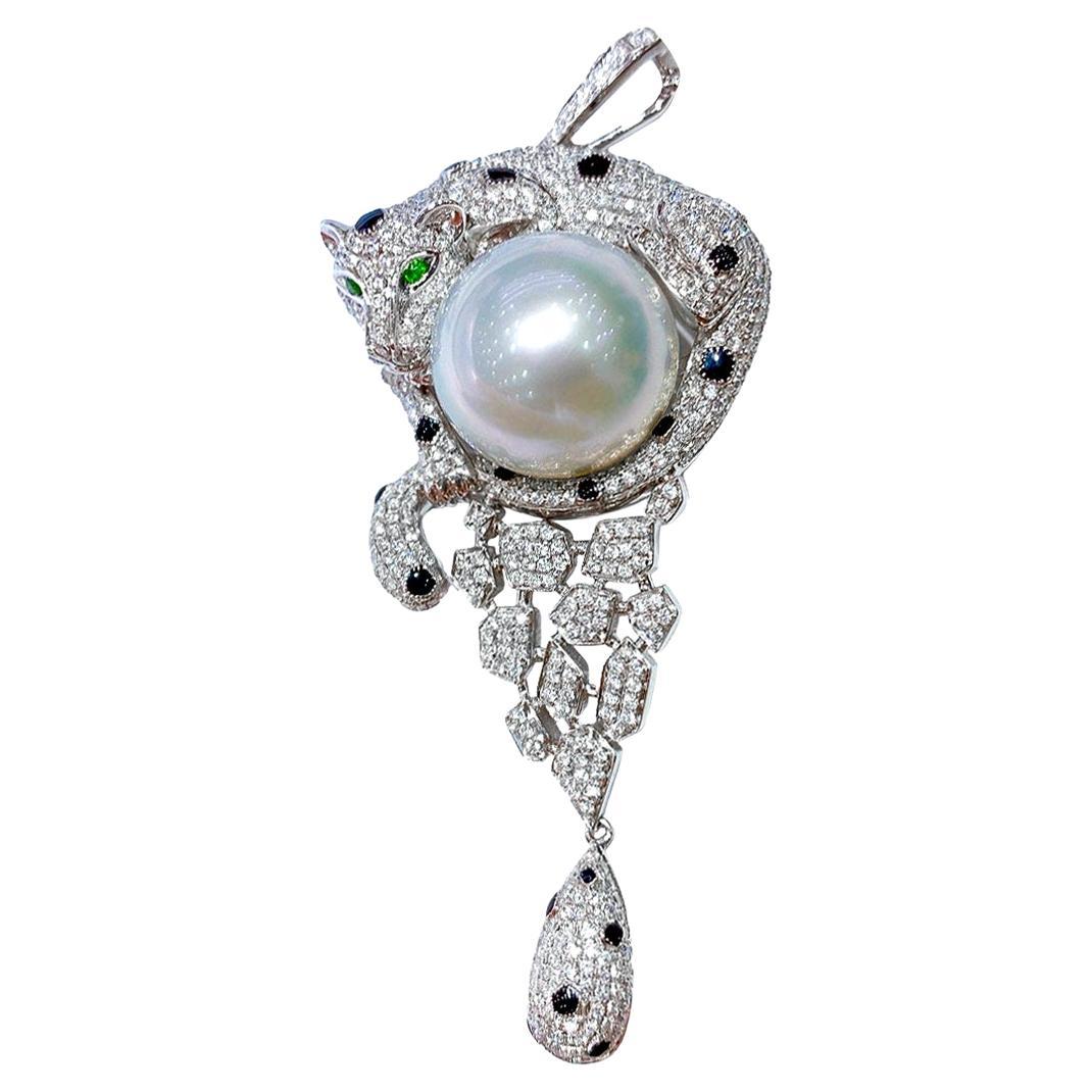 【Crown Radiance】“Jungle Sentinel” Aurora South Sea Pearl Diamond Panther Pendant