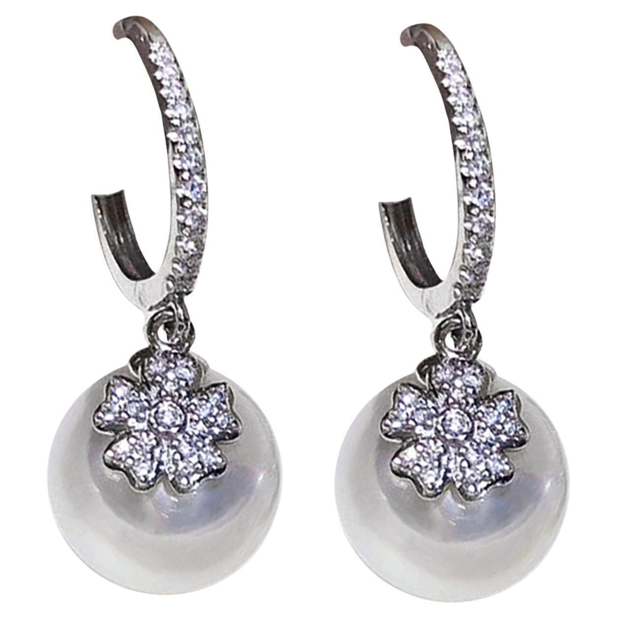 【Vine Symphony】Aurora Blossom Hoop Diamond South Sea Pearl Earrings For Sale