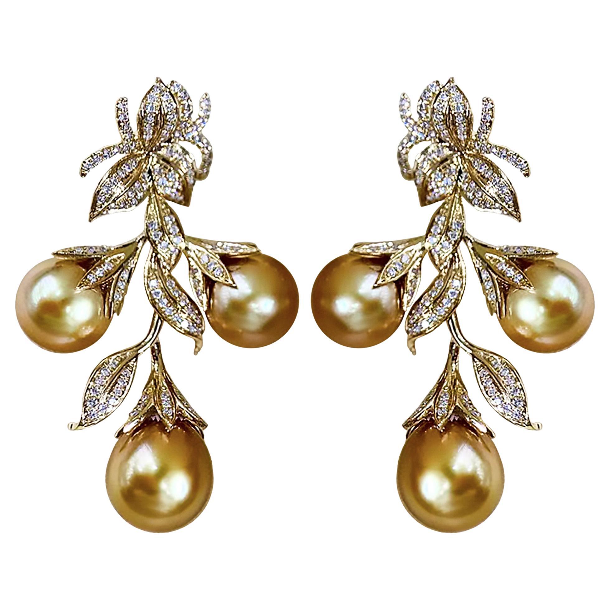 【Vine Symphony】Diamond Aurora Golden South Sea Pearl Soirée Drop Earrings