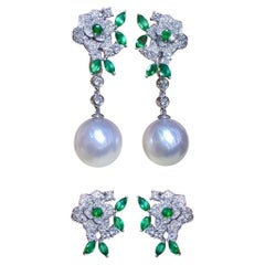 【Vine Symphony】Convertible Smaragd Blüte Südsee Perle Diamant Tropfen Ohrringe