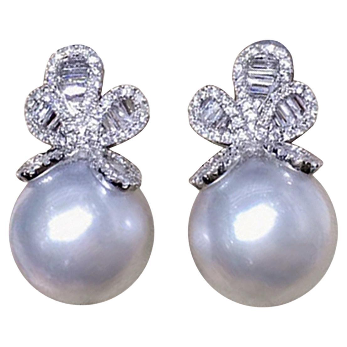 【Vine Symphony】Aurora South Sea Pearl Earrings with Diamond Bow Top
