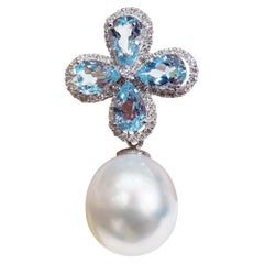【Caelmare】Blue Petals South Sea Pearl Aquamarine Convertible Flower Pendentif