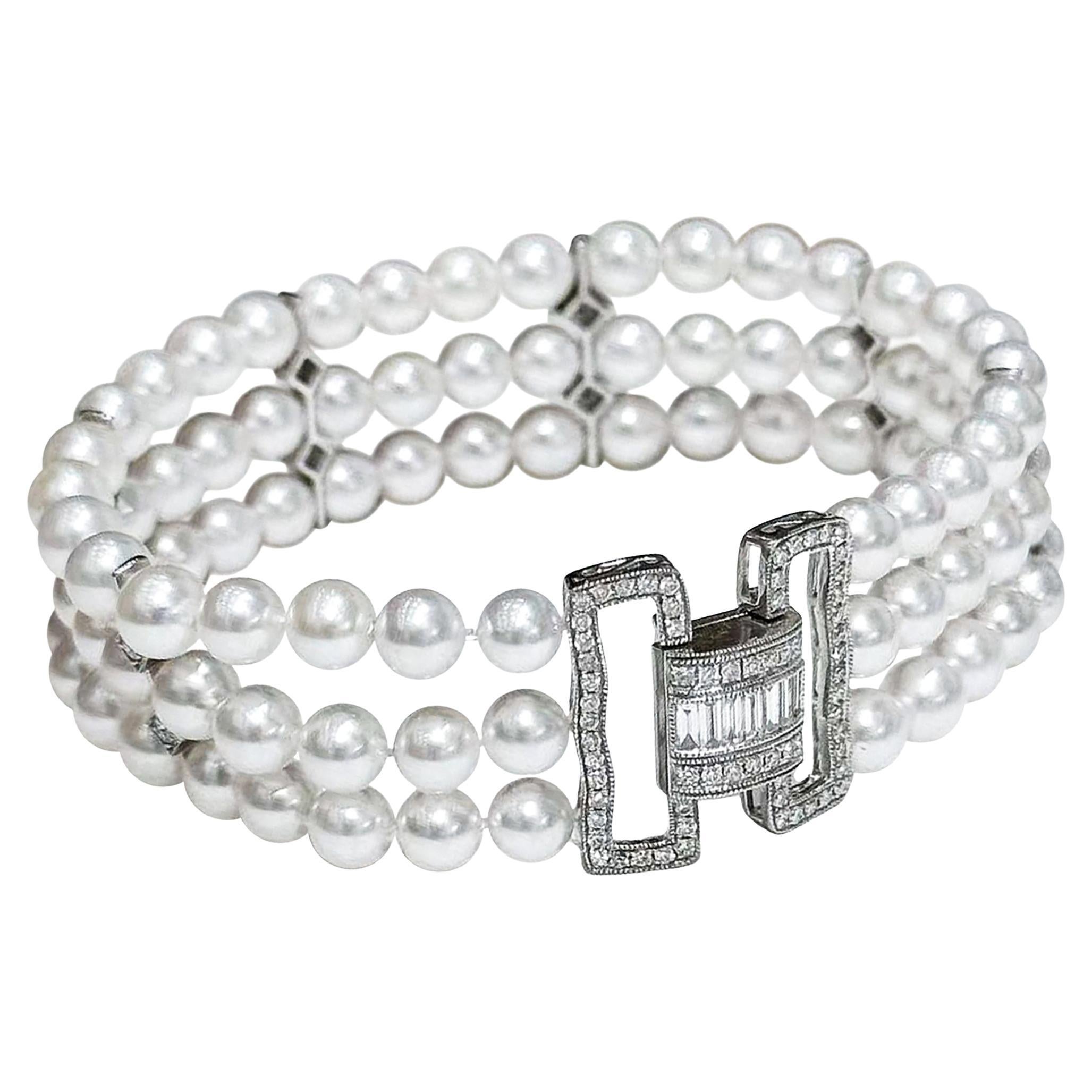 【Sculpted Geometry】Art Deco Diamond Akoya Pearl Triple-Strand Evening Bracelet