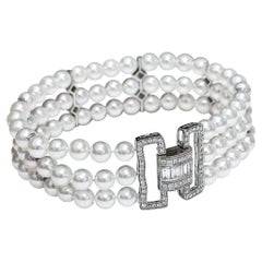 【Geometria scolpita】 Bracciale da sera a tre fili con diamanti Akoya e perle Art Deco