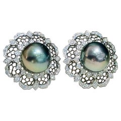 【Crown Radiance】Noir Bloom Aurora Tahitian Pearl Diamond Petal Earrings