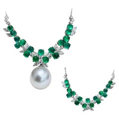 【Crown Radiance】Convertible Emerald Vine South Sea Pearl Pendant Necklace