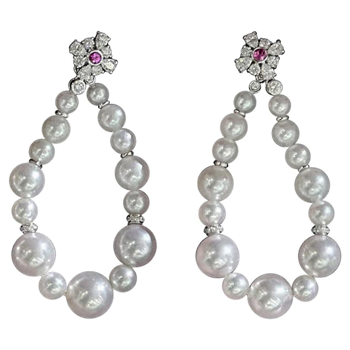 Crown Radiance】Bloom Loop Aurora Akoya Perle Diamant Saphir Tropfen Ohrringe