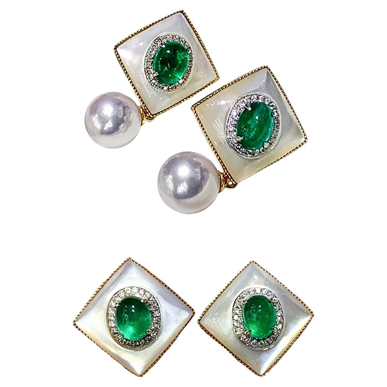 【Jādora】Convertible 2-en-1 Aurora Akoya Pearl Emerald Earring