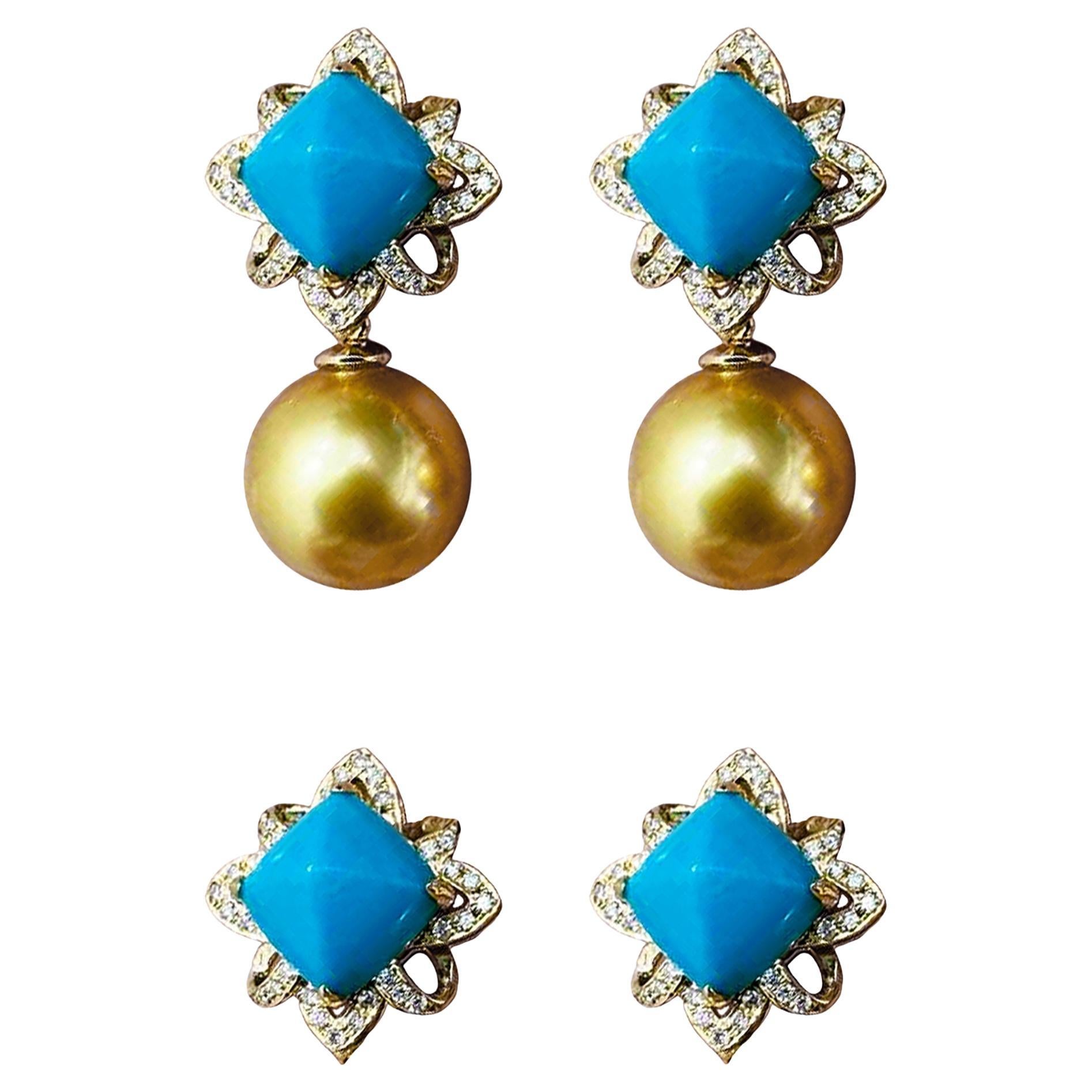 【Caelmare】Empress Turquoise Bloom Convertible Golden South Sea Pearl Earrings