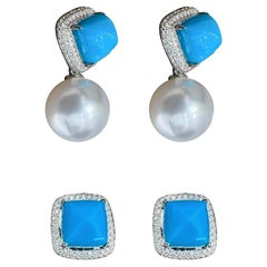 【Caelmare】Blue Muse Boucles d'oreilles convertibles en turquoise et perles des mers du Sud