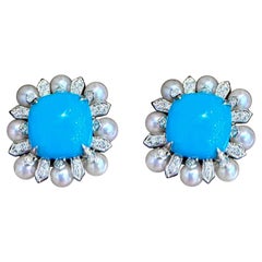 【Caelmare】Azure Bloom Turquoise 
Akoya Pearl Stud Earrings