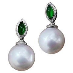 【Jādora】Whisperleaf Jade & Diamond South Sea Pearl Earrings