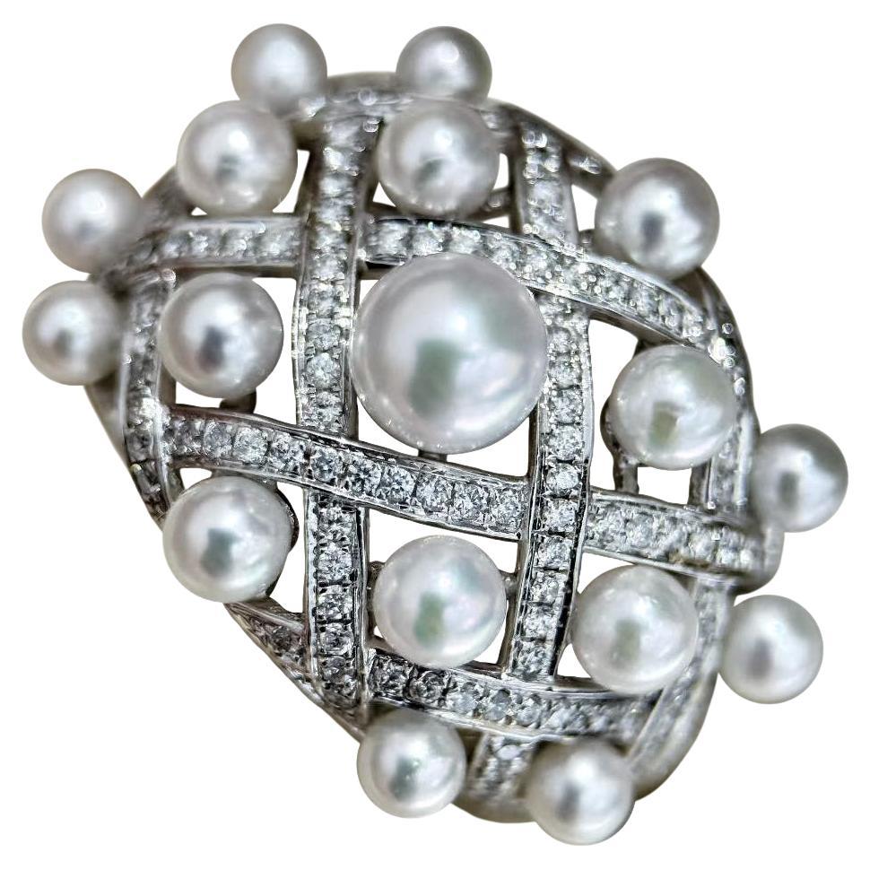 【Silent Geometry】Anillo jaula de perlas Akoya bebé en oro blanco de 18 quilates con diamantes