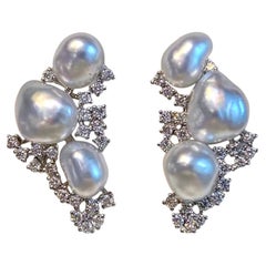 【Lustre Arc】Silver Blue Baroque South Sea Keshi Pearl Diamond Earrings — 4-7 mm