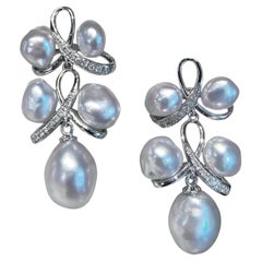 【Lustre Arc】Silver Blue South Sea Keshi Pearl Diamond Earrings — 5–7mm