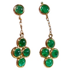 【Jādora】Emerald Clover 2.01ct Cabochon Emerald Drop Earrings in 18K Gold