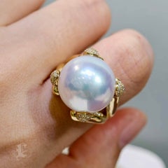 【Vine Symphony】Aurora Bloom South Sea Pearl & Diamond Leaf Ring — 15-16 mm