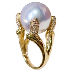 【Vine Symphony】Aurora Bloom South Sea Pearl & Diamond Leaf Ring — 15-16 mm