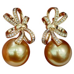 【Crown Radiance】Golden Bow Golden South Sea Pearl Diamond Earrings