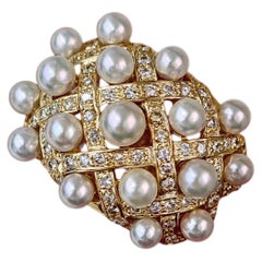 【Crown Radiance】Jeweled Lattice Akoya Pearl Diamond Ring in 18K Gold