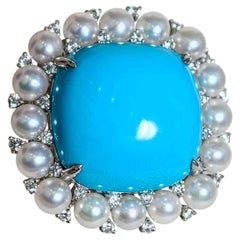 【Caelmare】Anillo «La Bella Durmiente» con turquesa, perla Akoya y halo de diamantes