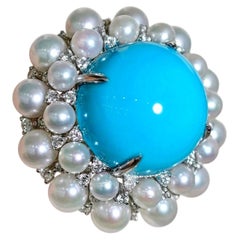 【Caelmare】Anillo llamativo «La Bella Durmiente» con turquesa, perla Akoya y diamantes