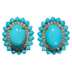【Énigma】Pendientes «La Bella Durmiente» con turquesa y diamantes y doble halo — 14,55 ct