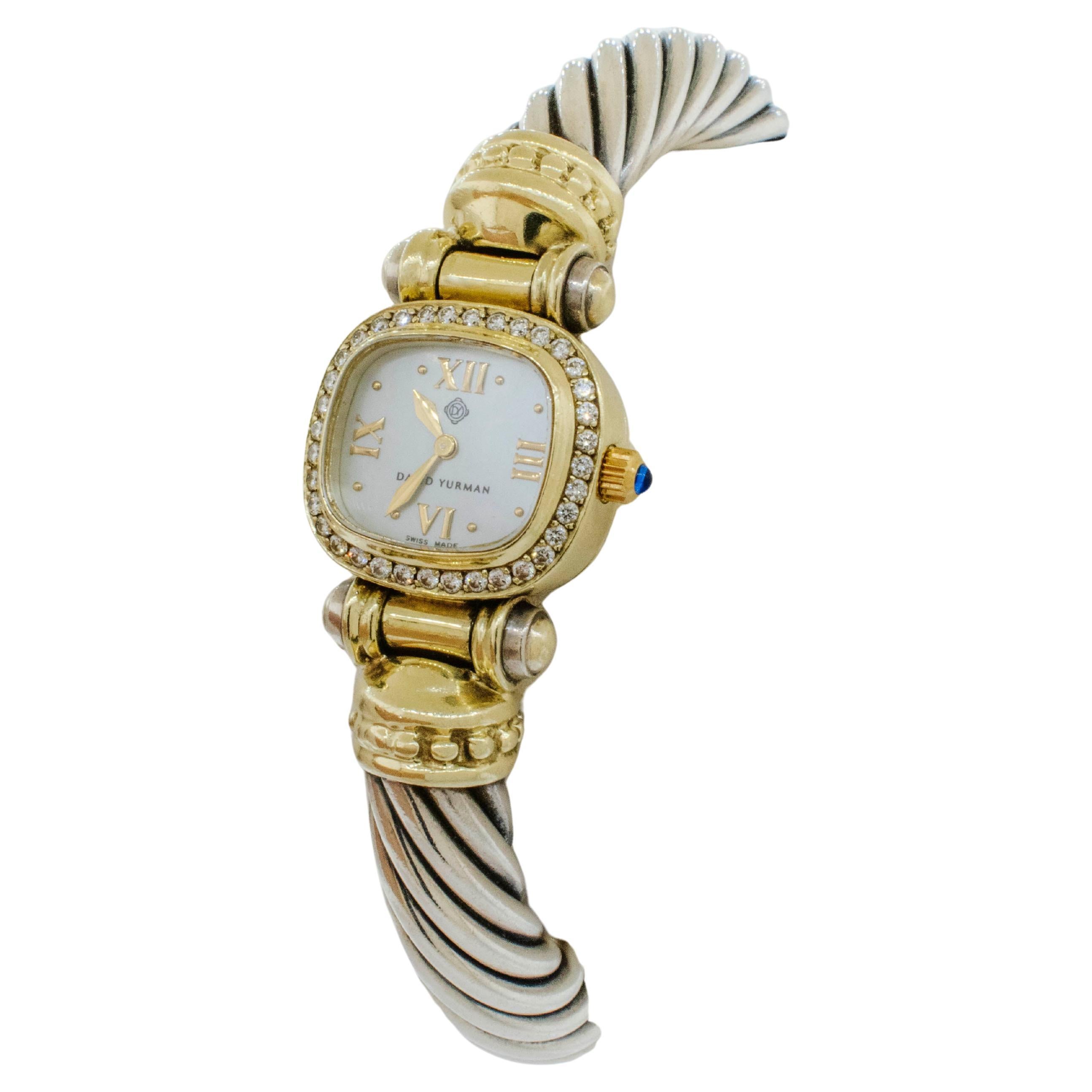 David Yurman Two-Tone Bangle Watch with Diamond Bezel For Sale