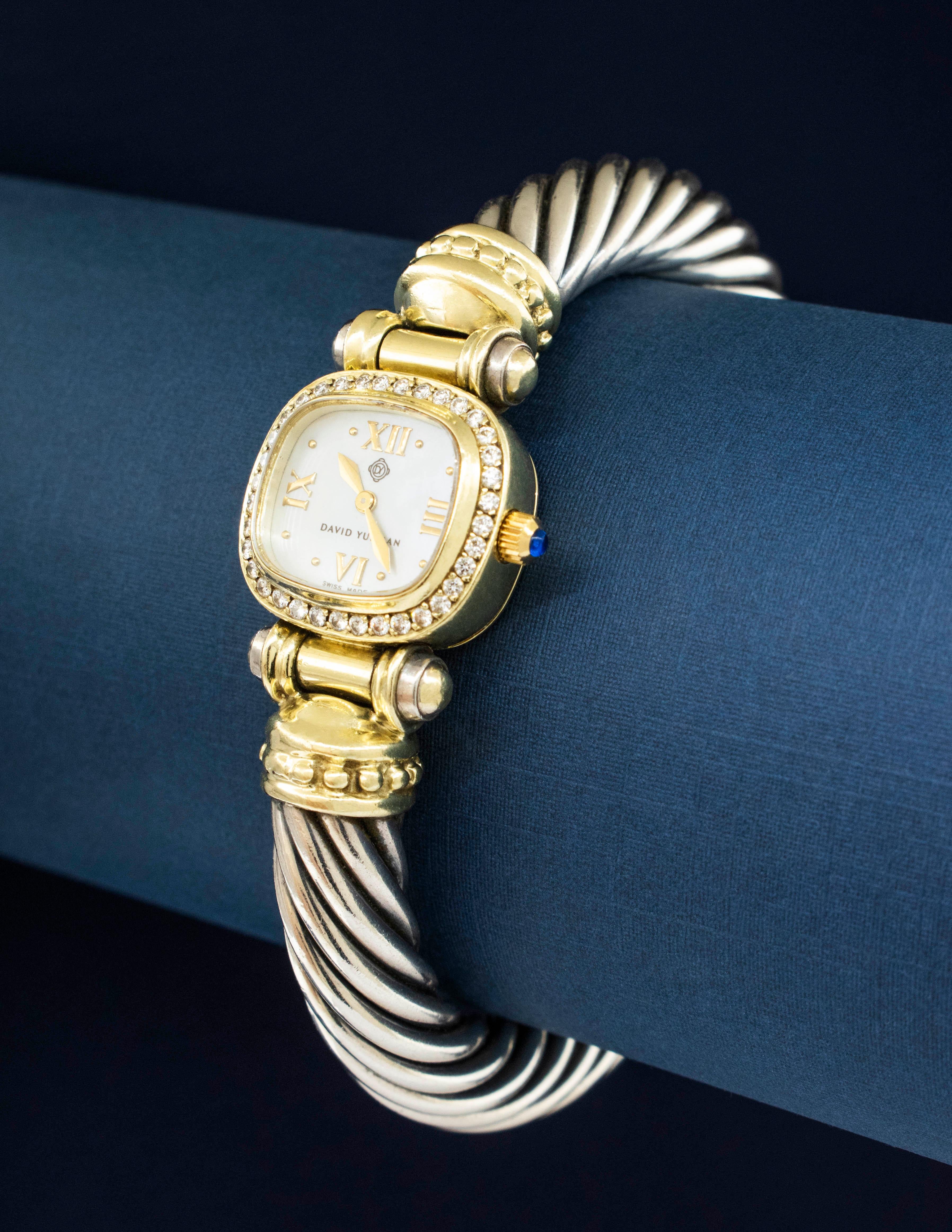 Contemporary David Yurman Two-Tone Bangle Watch with Diamond Bezel For Sale