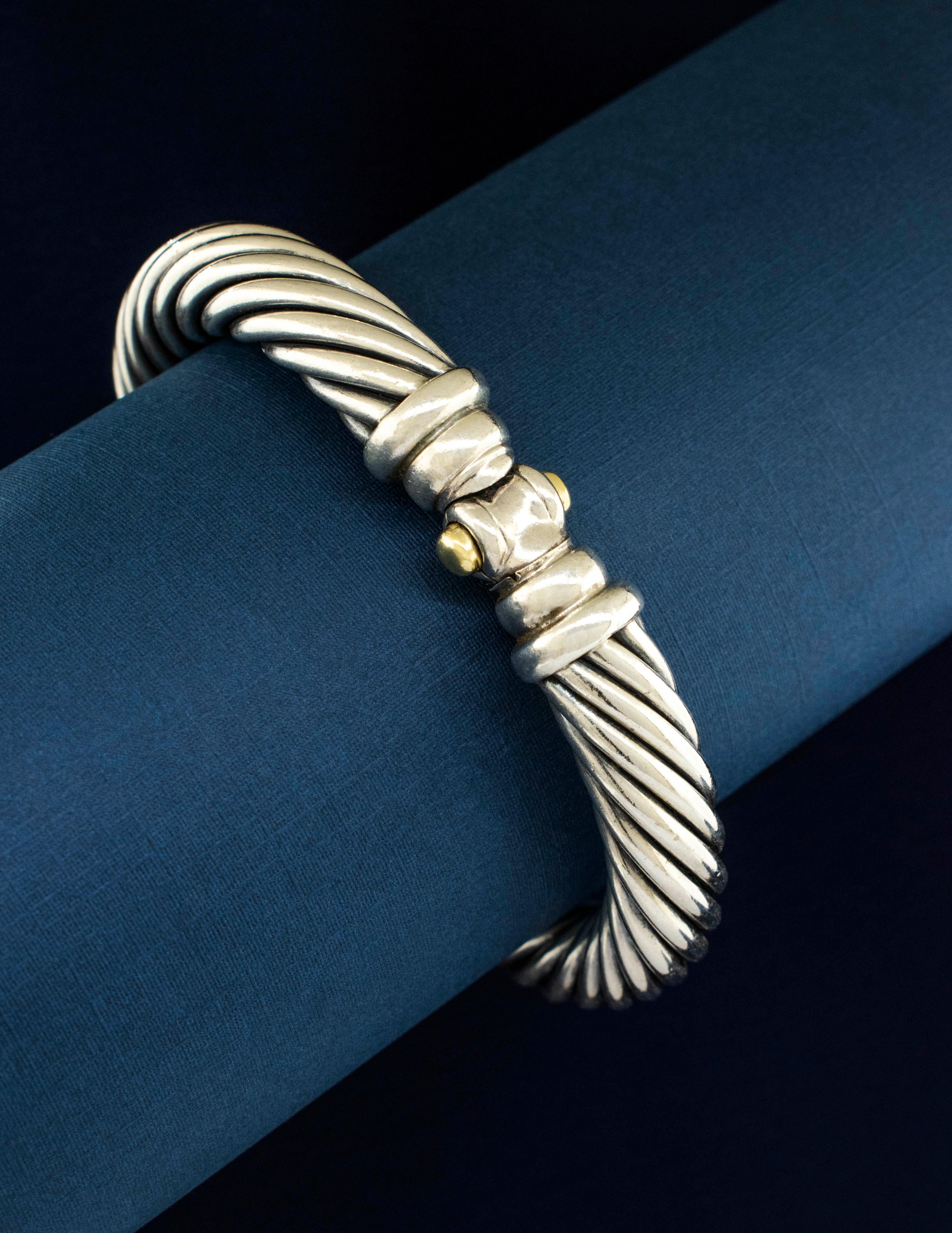 David Yurman Two-Tone Bangle Watch with Diamond Bezel In Good Condition For Sale In Boone, NC
