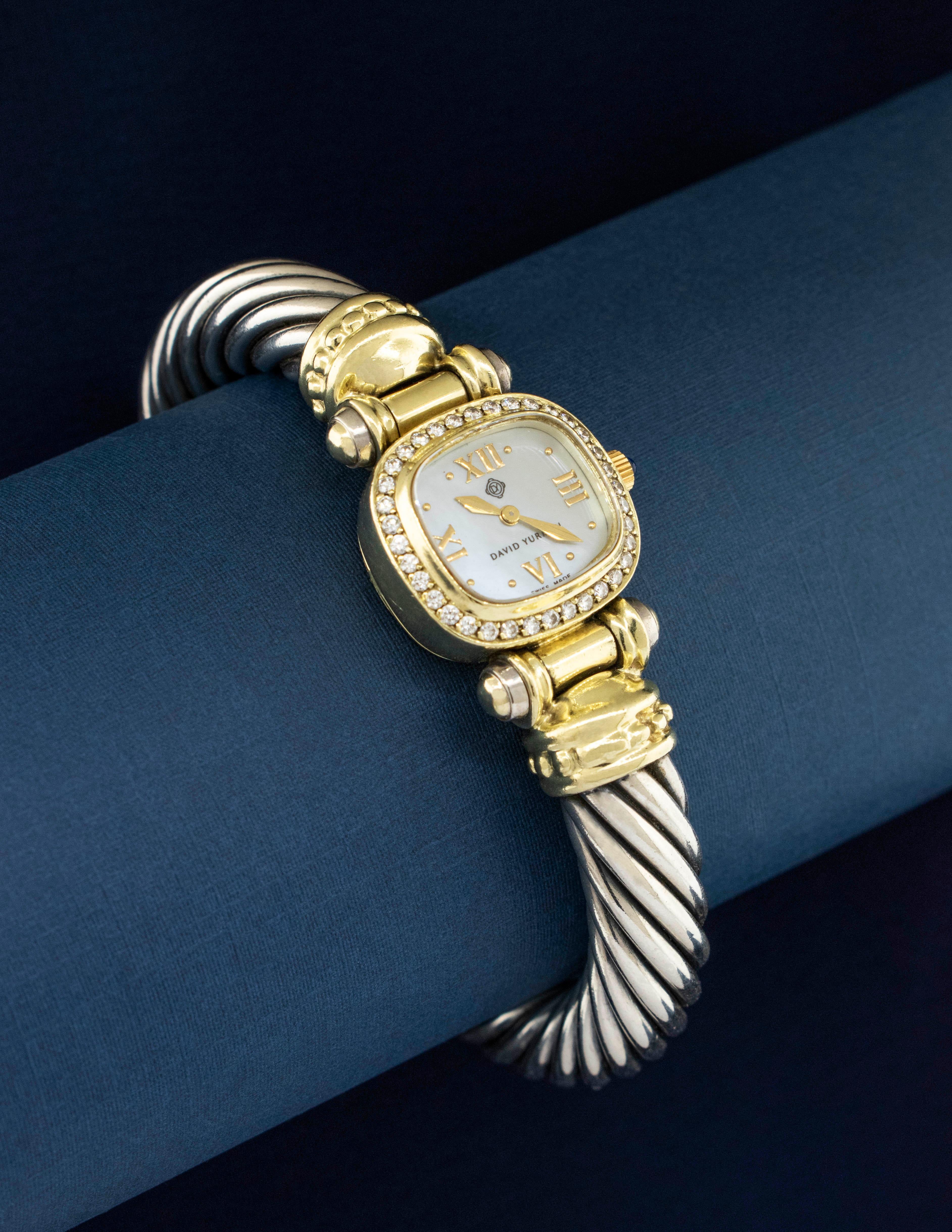 Brilliant Cut David Yurman Two-Tone Bangle Watch with Diamond Bezel For Sale